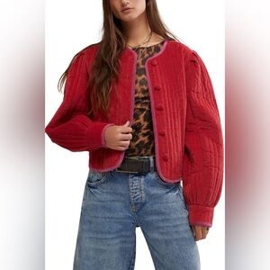 Free People NWT Natalia Quilted Jacket Size XL Velvet Puff Sleeve Boxy Fit Red